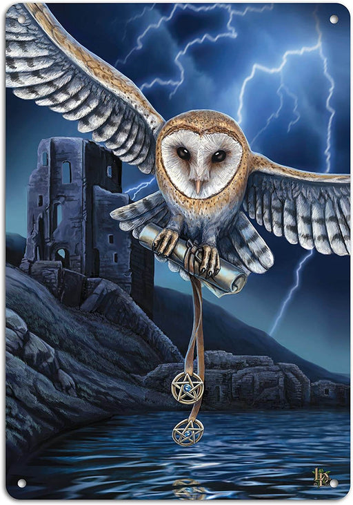 Heart of the Storm sign by Lisa Parker, featuring an owl holding a scroll with pentacle charms, flying through a lightning storm near ruins by a lake.