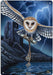 Heart of the Storm sign by Lisa Parker, featuring an owl holding a scroll with pentacle charms, flying through a lightning storm near ruins by a lake.
