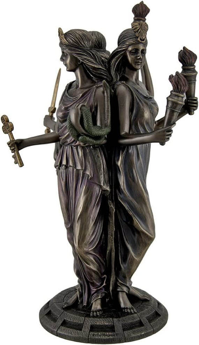 Hecate shown as triple goddess, visible holding a key and snake, and another form holding two torches