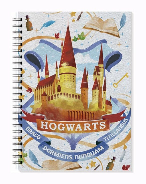 Harry Potter Hogwarts spiral bound journal with the school at the center surrounded by a whirlwind of magical items. Text reads "Hogwarts" and "Draco Dormiens Nunquam Titillandus"
