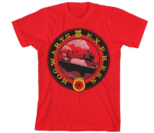 Red Hogwarts Express shirt from Harry Potter showing the iconic train in a circle of red and black with gold text and a Platform 9 3/4 logo