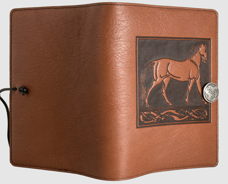 Saddle colored leather journal with a horse