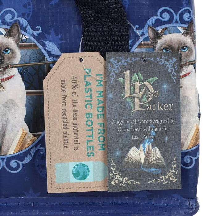 Tags for Hocus Pocus lunch bag showing Lisa Parker's information and recycling info - "I'm Made From Plastic Bottles - 40% of the base material is made from recycled plastic"