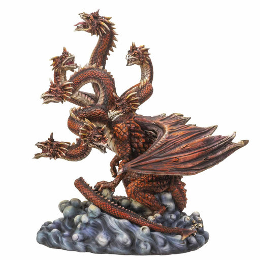 Hydra dragon figurine with seven heads. Red scales on a blue-white water/cloud base