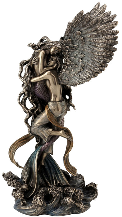 Angel and mermaid intertwined in an embrace. Done in tinted bronze