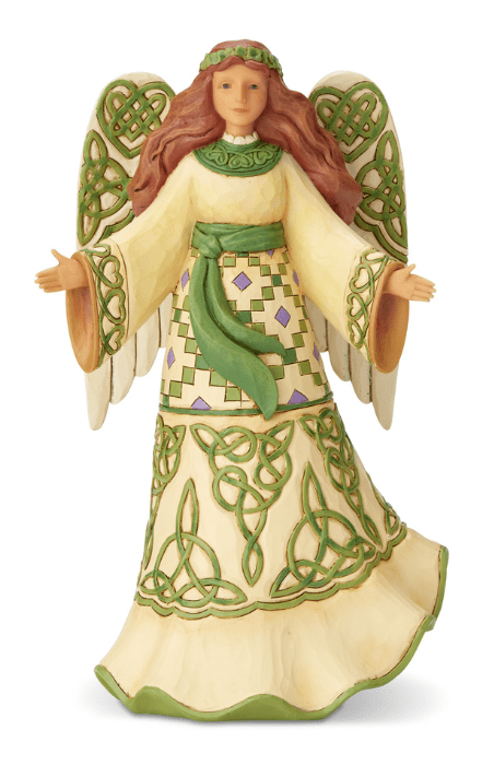 Celtic angel in green and white with knotwork designs and brown hair, arms outstretched