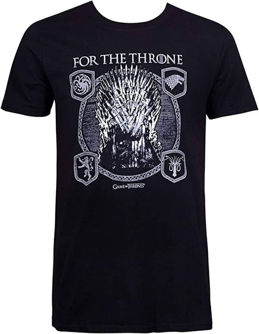 "For The Throne" t-shirt with Iron Throne and emblems of Stark, Targaryen, Greyjoy, and Lannister