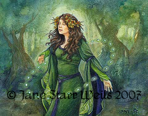 Jane Starr Weils artwork of a woman clad in green in the center of a glowing ring in the forest