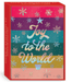Christmas cards that read "Joy to the World" in the shape of a tree, surrounded by snowflakes on a rainbow stripe background