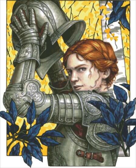 Finished cross stitch pattern of a lady knight in ornate silver armor and red hair, with yellow and blue leaves