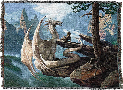 White dragon and elf friend perch on a cliff above the mountains next to a pine tree