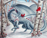 The artwork of Carla Morrow features a silver dragon walking through a winter forest. Snow lays thick on the ground, and contrasting with the white of the birch trees are lively red cardinal birds.