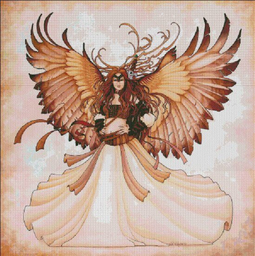 Hawk-feather winged fairy with white and brown dress, art by Teri Rosario. Cross stitch mockup