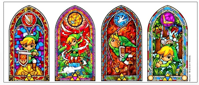 Detail of all of the Stained Glass Windows showing Link from Legend of Zelda in various poses and with his different weapons