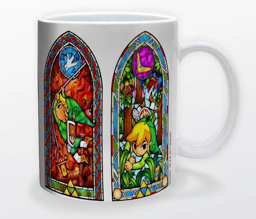 White mug with images of stained glass windows featuring Link from the Legend of Zelda