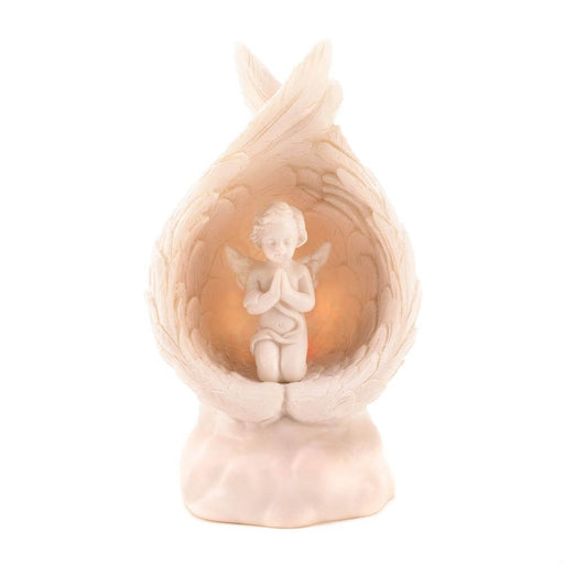 Praying cherub angel tucked into a pair of feathered wings. Lights up.