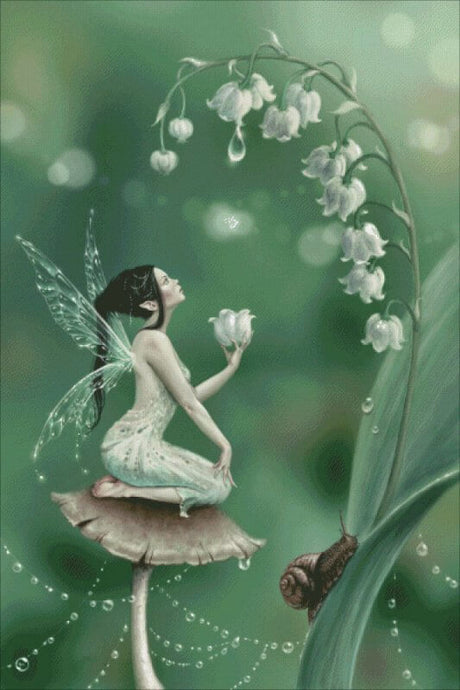 Rachel Anderson's work shows off a lovely pixie sitting on a toadstool. The fairy has a pale white dress and transparent wings, and contrasting ebony black hair. She holds up a flower like a cup, ready to catch a drip of morning dew. More of the lily of the valley blossoms bloom along the plant's stem, and a snail friend keeps the fae company. Cross stitch mockup