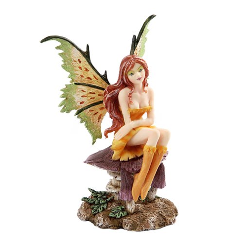 Fairy figurine. Pixie wears a sunshine yellow dress and has wings of pale yellow and green. She has red hair and sits on a mauve toadstool. Under the mushrooms are leaves and a rock base.