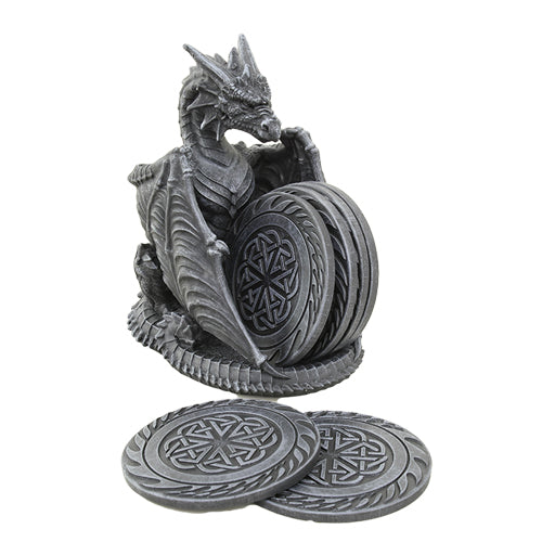 Dragon coaster set. Dragon wings form the holder for round coasters with Celtic knot patterns. In stone gray resin
