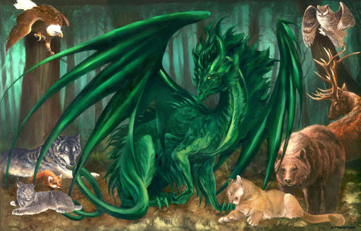 Green dragon surrounded by eagle, owl, bear, elk, cougar, fox, lynx, and wolf