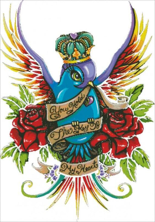 Mockup of cross stitch, art by Myka Jelina. The artwork shows off a bright and bold bird, topped with a crown and surrounded by roses. A banner it holds in its beak reads, "You Hold The Key To My Heart". 