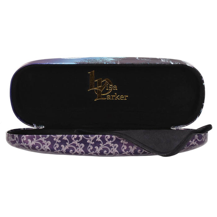 Inside the eyeglass case with Lisa Parker logo and eyeglass cloth