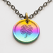 Rainbow lucky coin charm showing clover, on steel cable chain