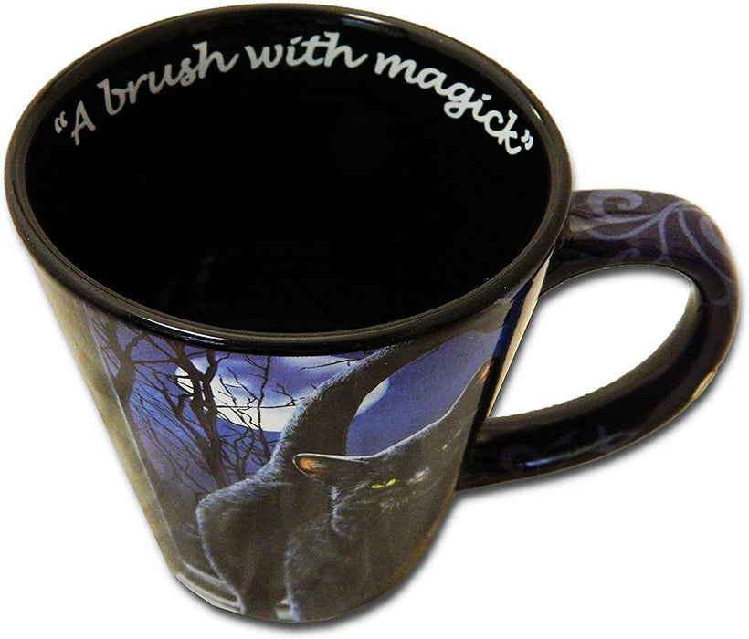12 ounce latte mug with black cat rubbing on a broom.. Text inside reads "A brush with magick"