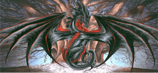 Black and red dragon in front of a huge leafless tree. Art by Ruth Thompson