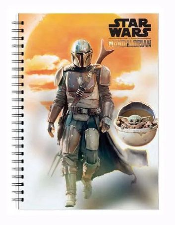 Star Wars The Mandalorian spiral bound notebook featuring Mando and Grogu (Baby Yoda) walking forward against and orange cloudy sky