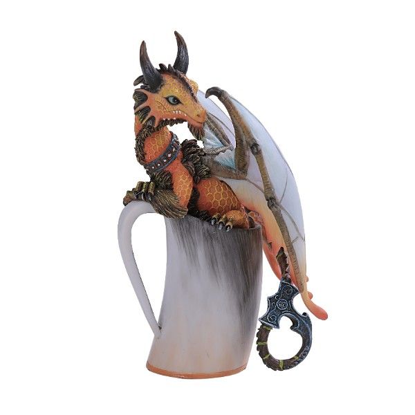 Golden dragon with bronze accents and honeycomb pattern sitting atop a bone or antler colored mug of mead. The dragon's tail is shaped like Thor's hammer
