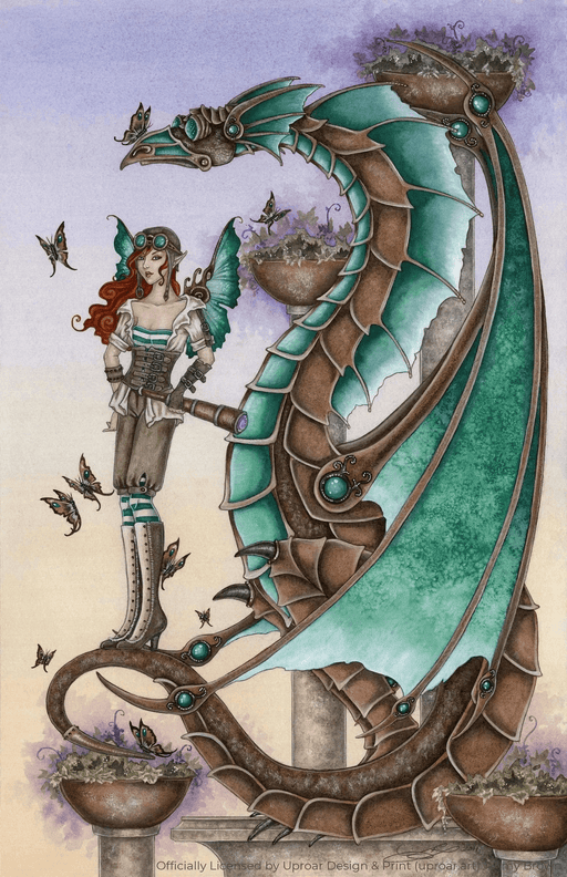 Copper dragon with green wings matches their fairy companion! The two stand on a ledge surrounded by plants and butterflies. The fairy holds a long spyglass. Art by Amy Brown
