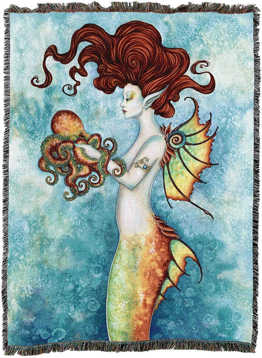 Tapestry blanket featuring a brunette mermaid holding an octopus in shades of brown and green. The siren has scales to match, against a blue mottled backdrop