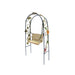Small metal garden swing for a fairy garden. Swing hangs from a trellis with flowers