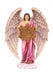 Metatron angel stands holding sacred geometry. Big feathered wings are held to either side and the angel wears a pink draped robe.