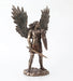 Saint Michael the archangel clad in battle armor with sword and shield and feathered wings, long hair blowing behind him