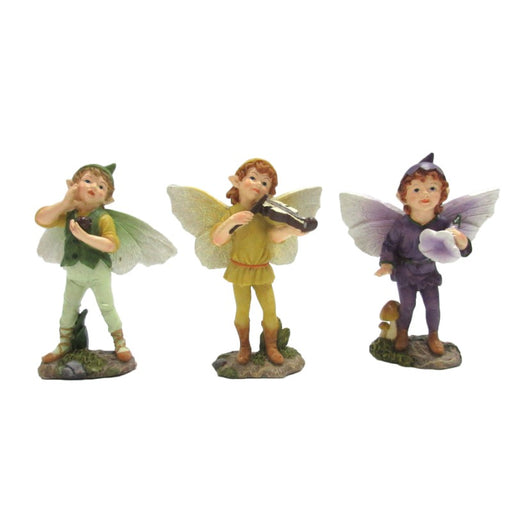 Trio of fairy boys. One is in a green outfit. Another in yellow plays a violin, and a third in purple holds a flower