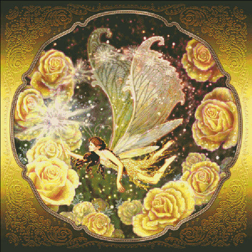 Cross stitch mockup, art by Myles Pinkney -  The art shows off a fairy surrounded by golden yellow roses. The pixie has elaborate wings and is surrounded by the sparkles that emanate from her magic wand.