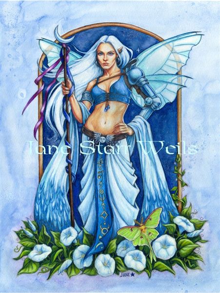 Beautiful artwork from Jane Starr Weils of a fairy woman with a moon topped staff. The pixie wears shades of blue with matching wings. Blue morning glory moonflowers bloom below her, and a luna moth flits by