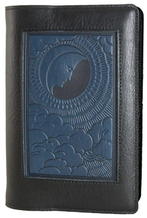 Leather journal featuring a blue moon design set into black 