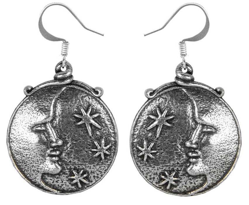 Earring pair, each has a crescent moon face and three stars, and each earring faces opposite directions. Made from shining silver-colored metal.