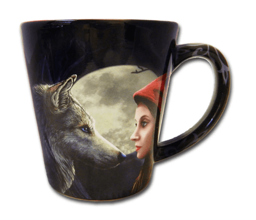 Black mug, 12 ounces and latte style with image of Red Riding Hood gazing at a gray wolf by the light of a full moon