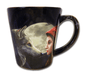 Black mug, 12 ounces and latte style with image of Red Riding Hood gazing at a gray wolf by the light of a full moon