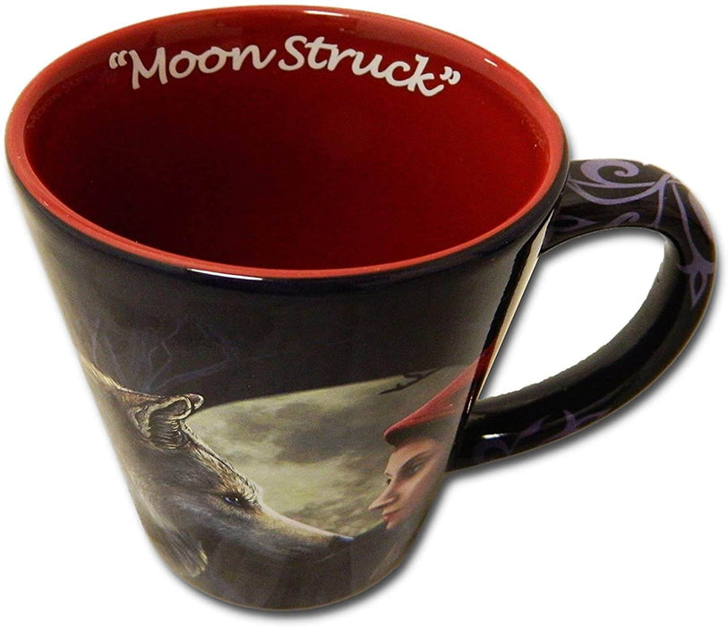 Black mug, 12 ounces and latte style with image of Red Riding Hood gazing at a gray wolf by the light of a full moon. Inside, red cup interior says "Moon Struck"