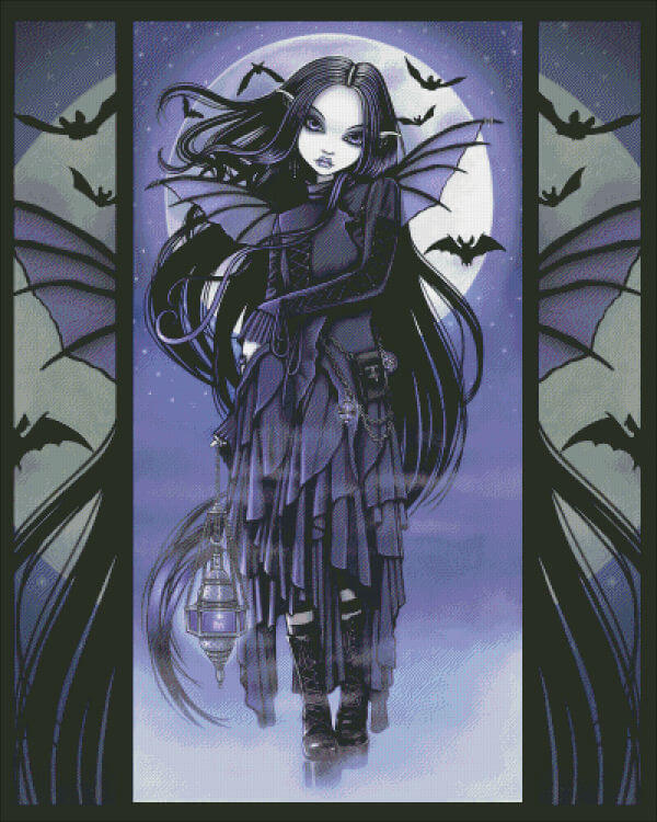 Cross stitch mockup, art by Myka Jelina. The pixie wears black and purple and has ebony hair to match, and a pair of little bat wings! She carries a lantern. Behind the fairy, bats flutter in the light of a full moon.