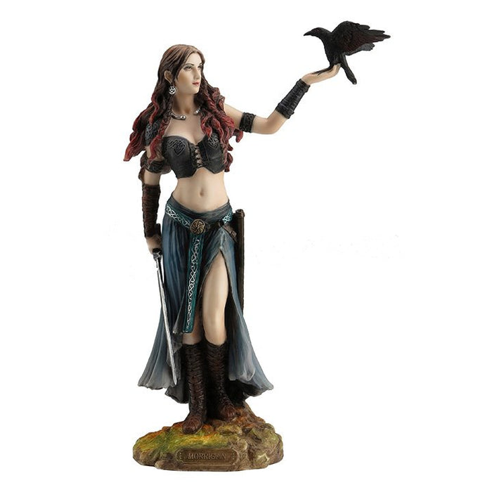 Morrigan the Celtic Goddess stands, clad in black and holding a sword in one hand and a raven on the other