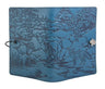 Blue leather journal with engraved fox and nature scene, featuring a silver leaf closure.