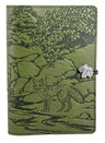 Green leather journal with engraved fox and nature scene, featuring a silver leaf closure.