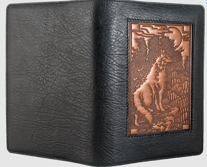 Full open view of leather journal cover