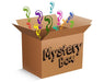 cardboard box that says "Mystery Box" with colorful question marks coming out